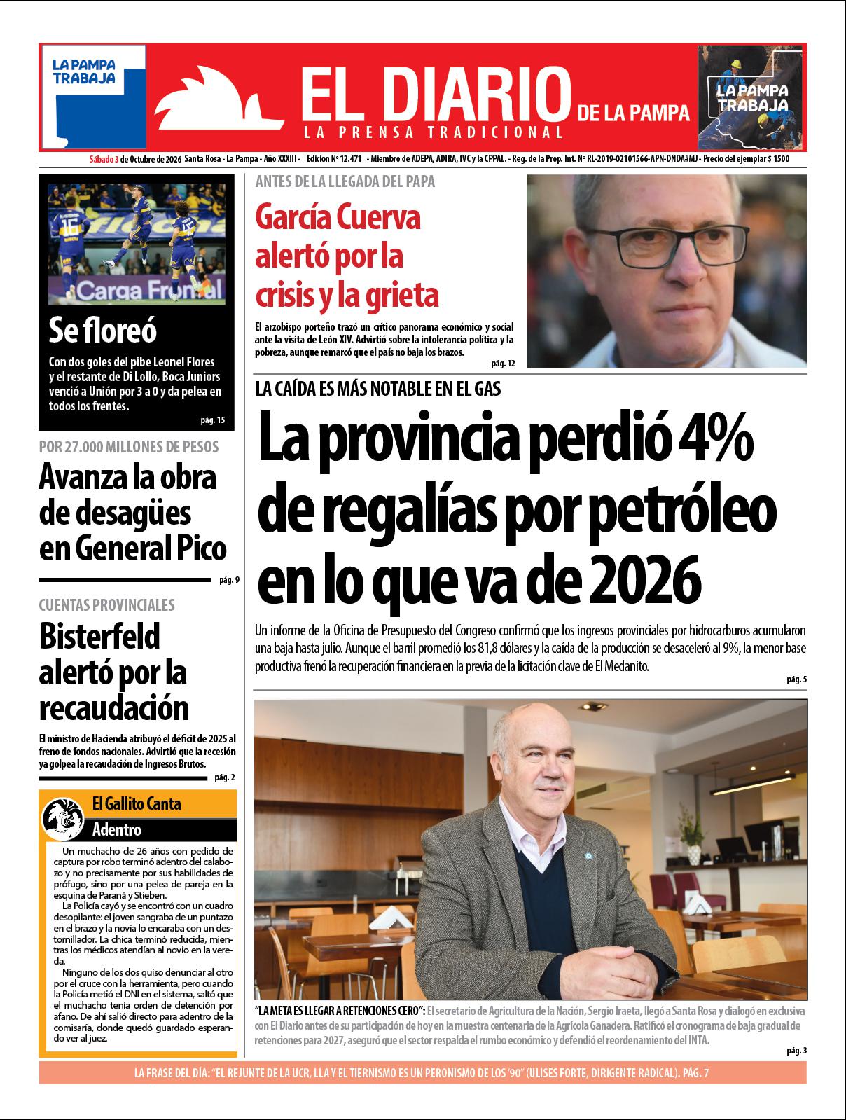 Tapa de El Diario en papel  saacutebado 03 de octubre de 2026
